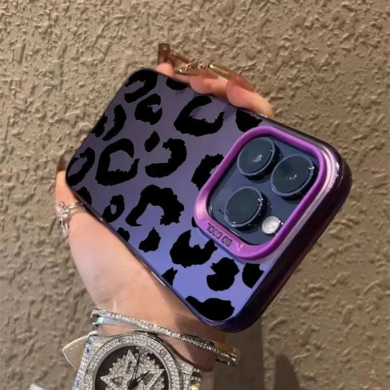 Leopard Print Electroplate Silver IMD Phone Case For iPhone 16 15 14 13 12 11 Pro Max 15 Plus Matte Shockproof Back Cover
