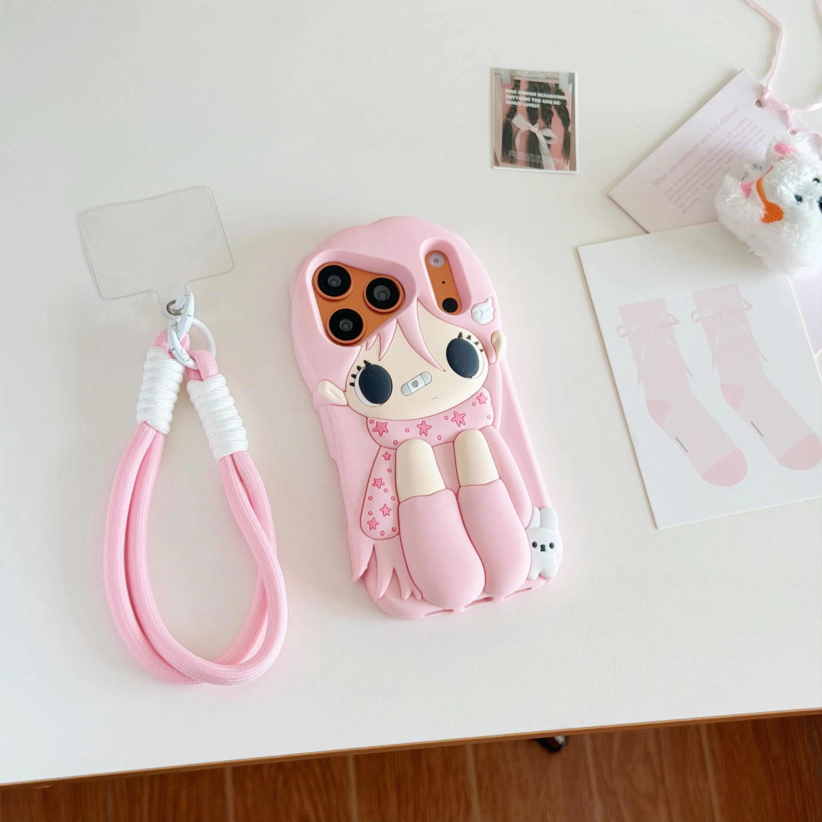 For iPhone 17Pro Max 16 Plus 15 14 13 12 Pro Max Phone Case 3D Cartoon Y2K Cute Little Girl Soft Silicone Cover With Lanyard