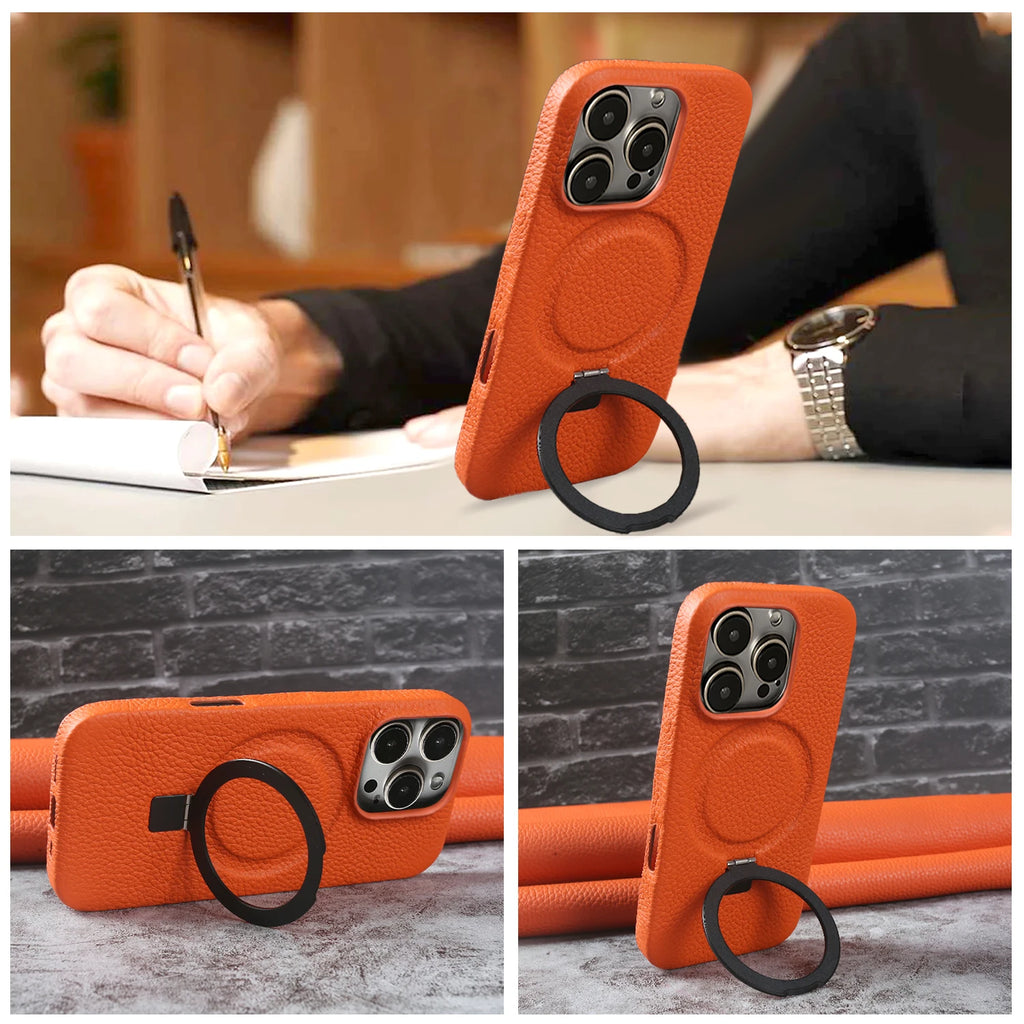 Magnetic Bracket Ring Lychee Genuine Leather Case For iphone 16 17 Pro Max 16e Air 14 15 Plus 7 8 12 13 Mini XS Phone Back Cover