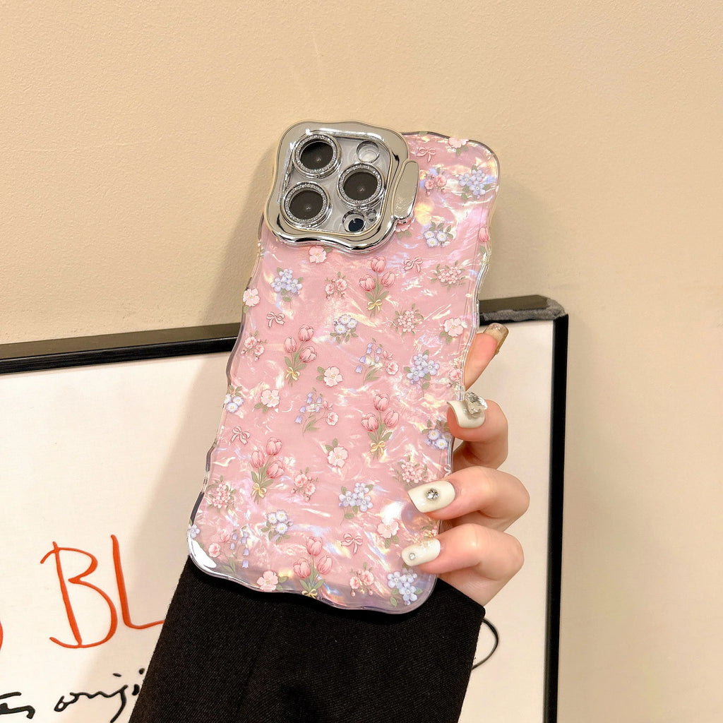 Chic Tulips Pattern Waving Frame Shell Gloss Len Frame Kickstand Phone Case for iPhone 16 15 14 11 12 13 Pro Max Plus Back Cover