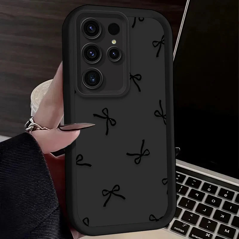 Black Love Heart Bowknot Phone Case for Samsung Galaxy S24 S25 S23 Ultra S22 S21 Plus FE A36 A56 A26 A16 A06 A15 A25 A35 A55 5G