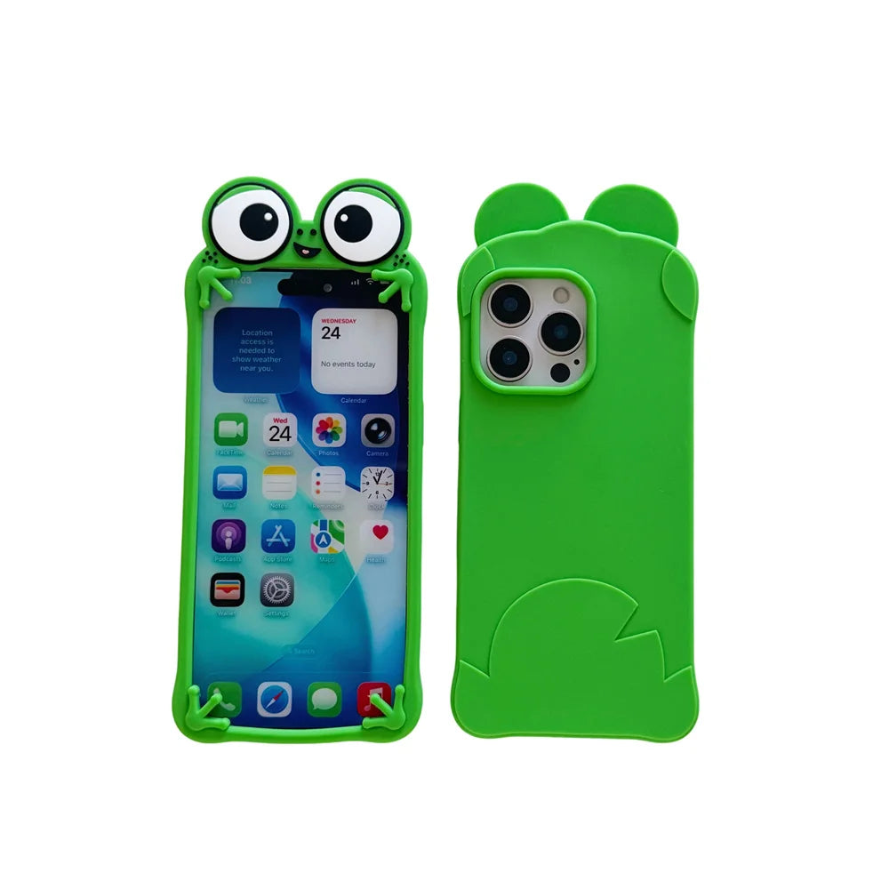Funny Cartoon Big Eyes Green Frog Phone Case for iPhone 17/16/15/14/13 Pro Max 3D Soft Silicone Shockproof Cover Funda 17 Pro