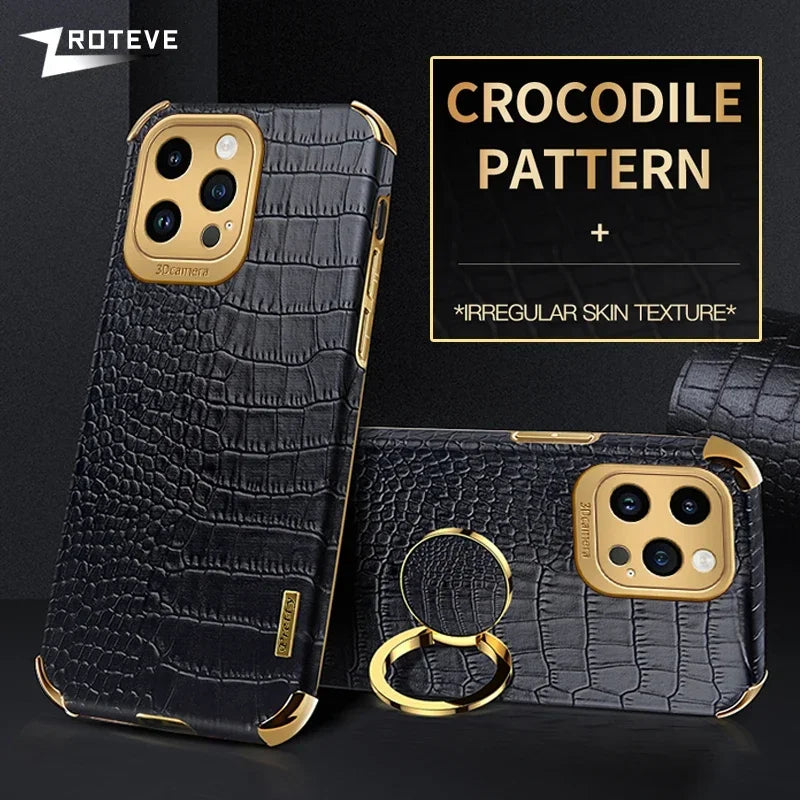 For iPhone16 Pro Zroteve Crocodile Leather Ring Holder Soft Cover For iPhone 16 15 14 13 12 11 Pro Max SE 2 3 iPhone15 Plus Case