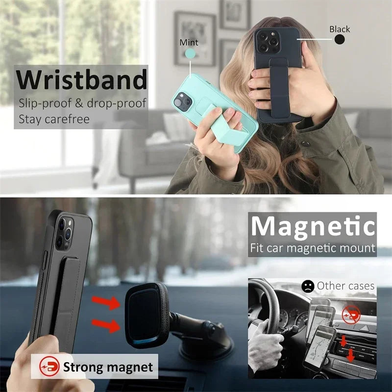 Magnetic Kickstand holder Hand Strap Case for IPhone 17 Air 16 15 14 13 12 11 Pro Max Plus 16Pro 17Pro ProMax Stand Phone Cover