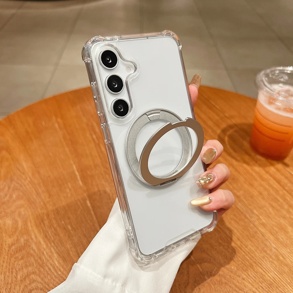 For Samsung Galaxy S26 S25 S24 FE S23 S22 Ultra Plus 360 Rotating Bracket Magnetic Case for A35 A55 A56 Transparent Airbag Cover