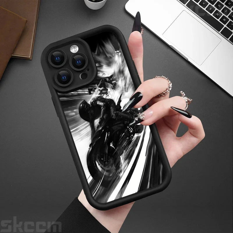 Fashion Black Biker Motorcycle Phone Case For iPhone 16 Pro Max 15 14 13 12 11 7 8 Plus X XS XR Shockproof Silicone Soft Cover