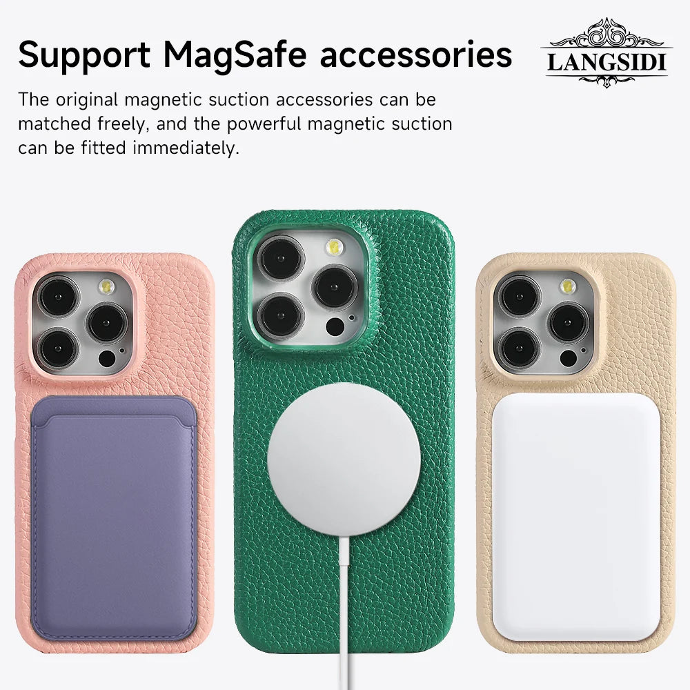 LANGSIDI Cowhide Genuine Leather for Magsafe Case for iPhone 15 16 17 Pro Max Air 17Pro 16Pro Lens Protective Shockproof Cover