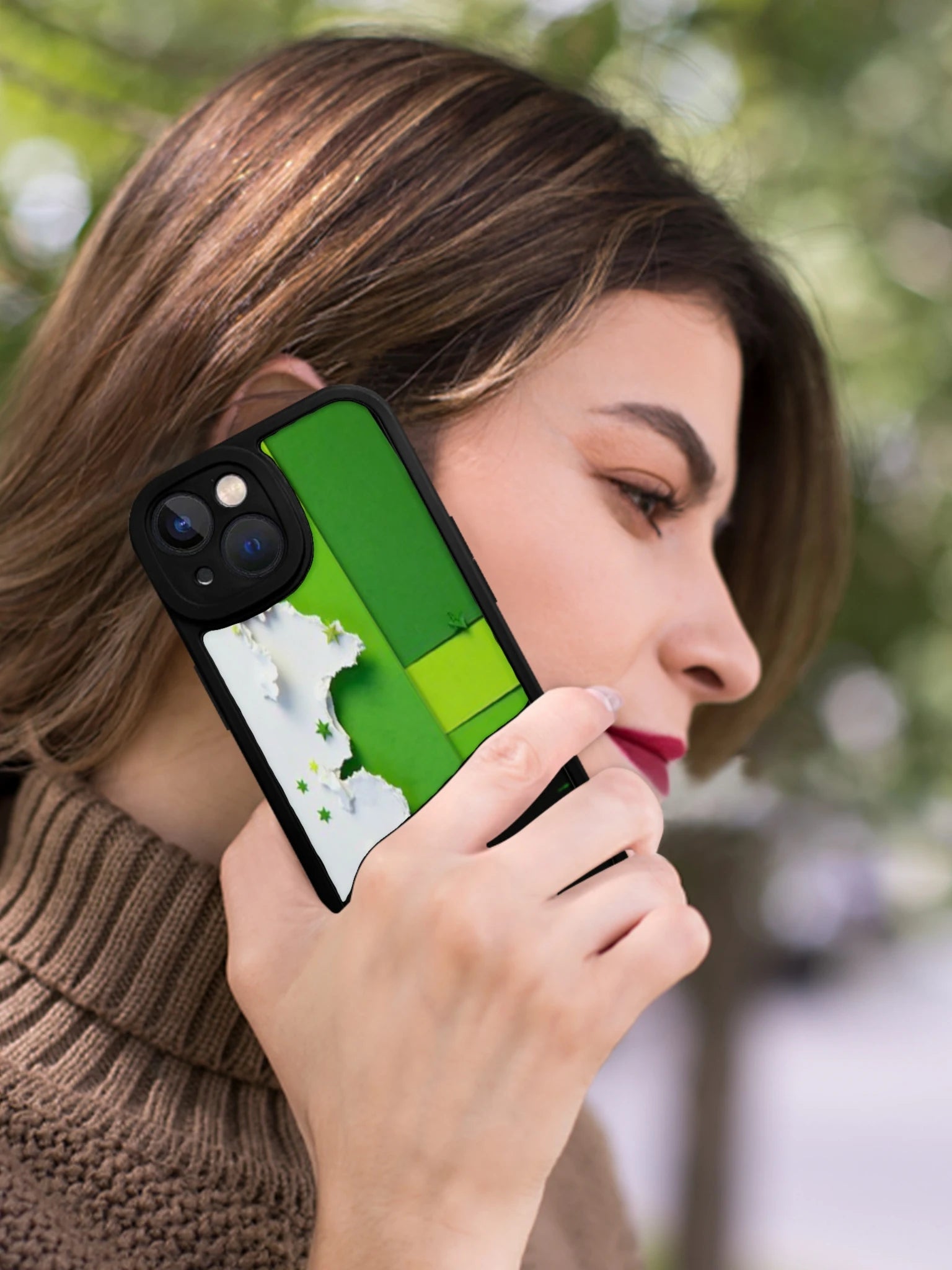 Phone Case Green Color Paper Art Design With Cloud And Stars Pattern For Iphone X To Iphone 16 Pro Max Outdoor And Daily Use