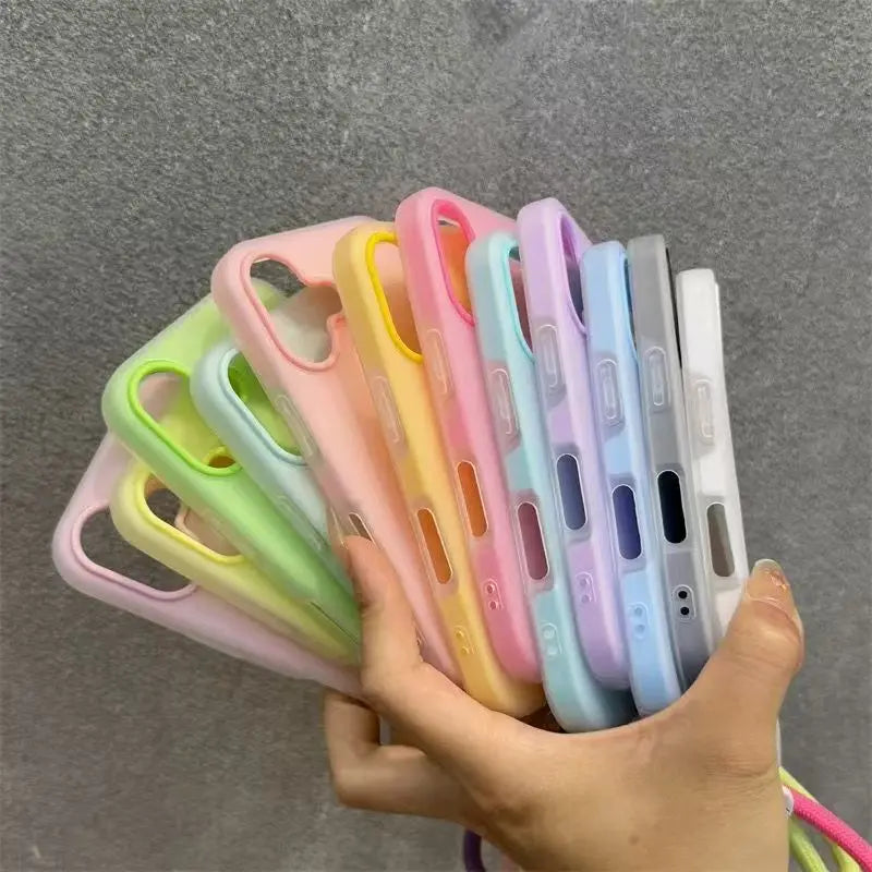 Soft Matte Candy Transparent Phone Case For iPhone 17 16 Pro Max 15 14 13 12 11 XS X 7 8 Plus 16e Hand Wrist Strap Lanyard Cover