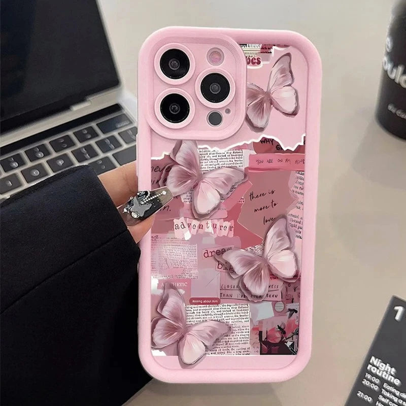Pink Cute Butterfly Silicone Soft Phone Case For iPhone 17 16PRO 15 14 13 12 11PROMAX Shockproof Candy Cover