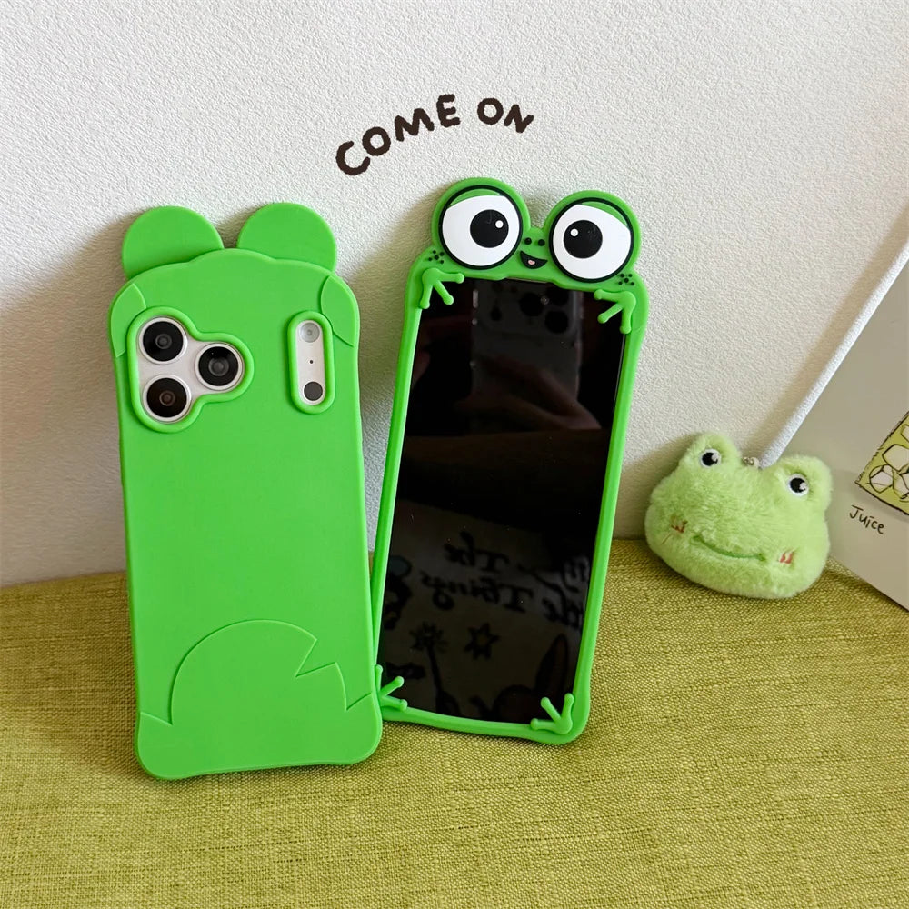 Funny Cartoon Big Eyes Green Frog Phone Case for iPhone 17/16/15/14/13 Pro Max 3D Soft Silicone Shockproof Cover Funda 17 Pro