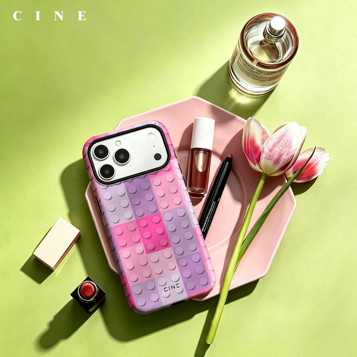 Cine Pink Purple Lego Tiles For Magsafe Glossy Bumper Phone Case For iPhone 17 16 15 14 Plus 13 Pro Max Film 2-in-1