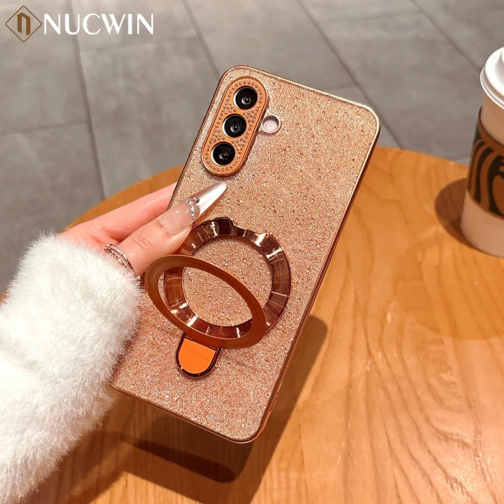 S26 Ultra Plus Folding Stand Shiny Diamonds Case for Samsung Galaxy S26 S25 S24 S23 Ultra Plus FE A17 A07 A57 Full Inlaid Cover