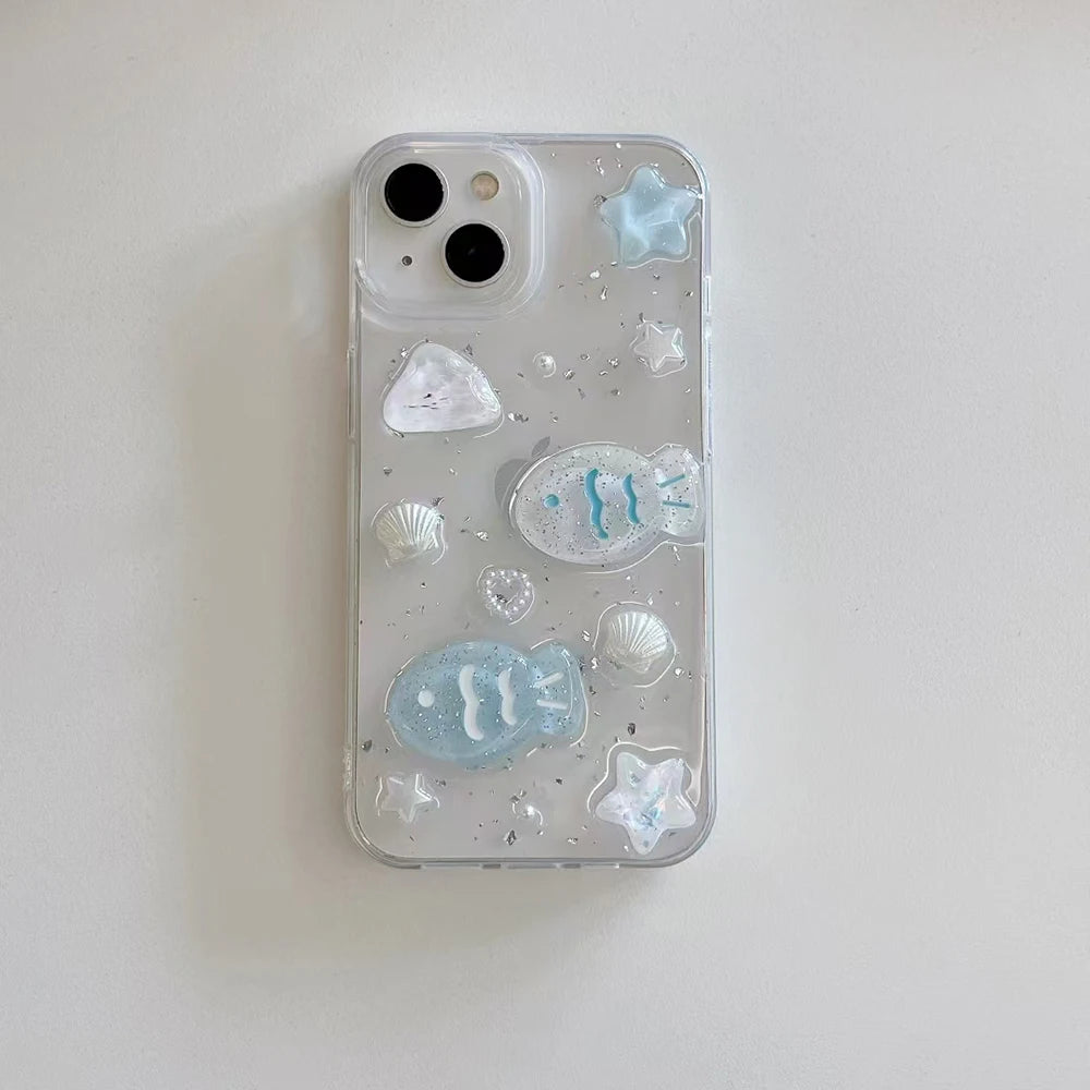 Cute 3D shell fish Phone Case For iPhone 17 16 15 14 13 12 11 Pro Max Silver foil Transparent Shockproof Soft Silicone Cover