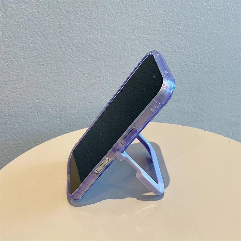 Simple Candy Color Foldable Holder Stand Case For iPhone 16 Pro Max 17 15 14 13 12 11 Clear Shockproof TPU Back Cover