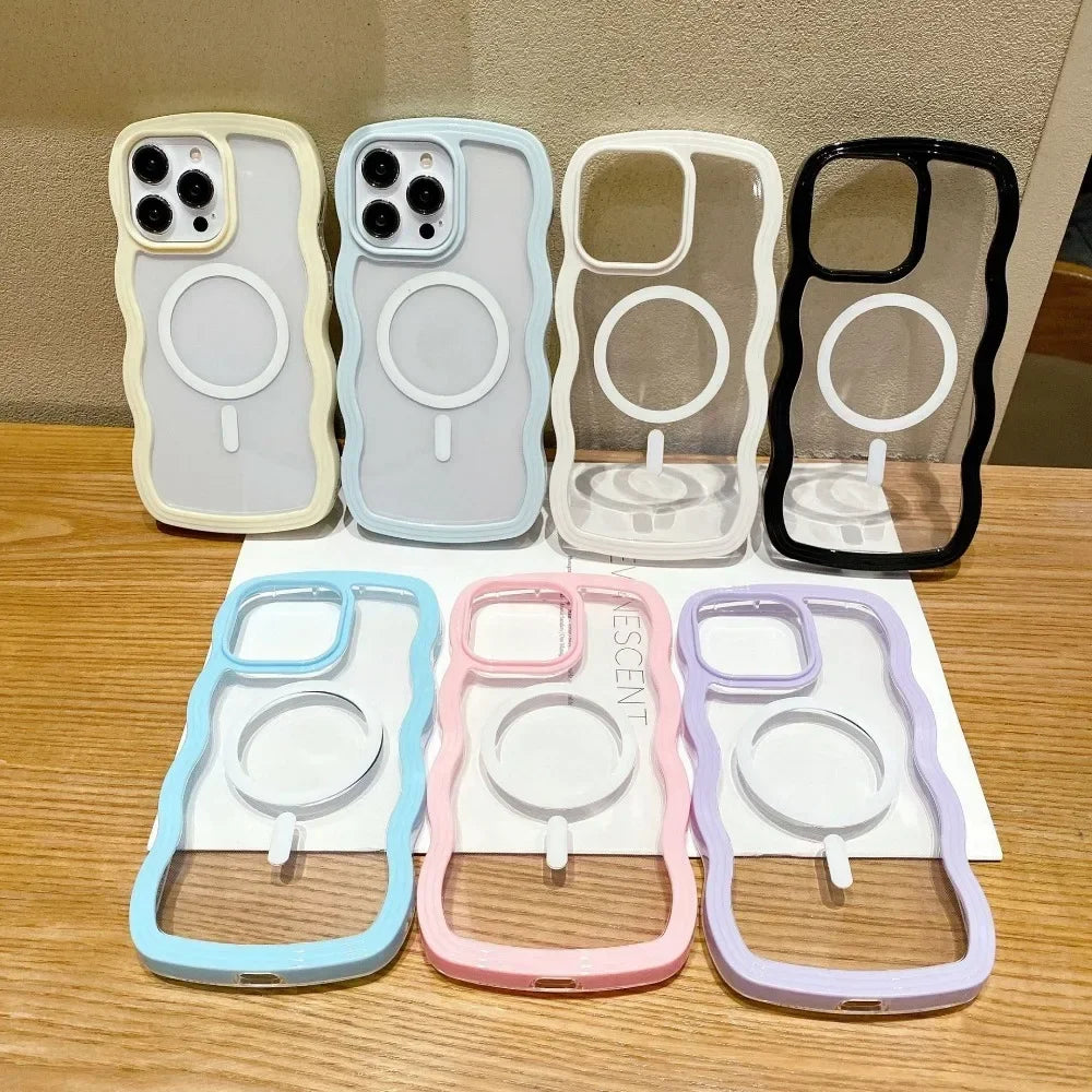 Cute Transparent Magnetic Phone Case For iPhone 16 15 14 13 12 11 Pro Max 15 16 Plus For Magsafe Charge Wave Frame Protect Cover