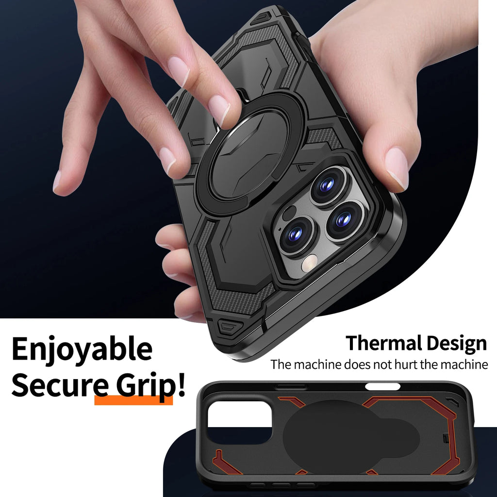 Luxury Magsafe Magnetic Wireless Charging Armor Phone Case For iPhone 16 15 14 13 12 11 Pro Max Plus 16E 16 E Ring Stand Cover