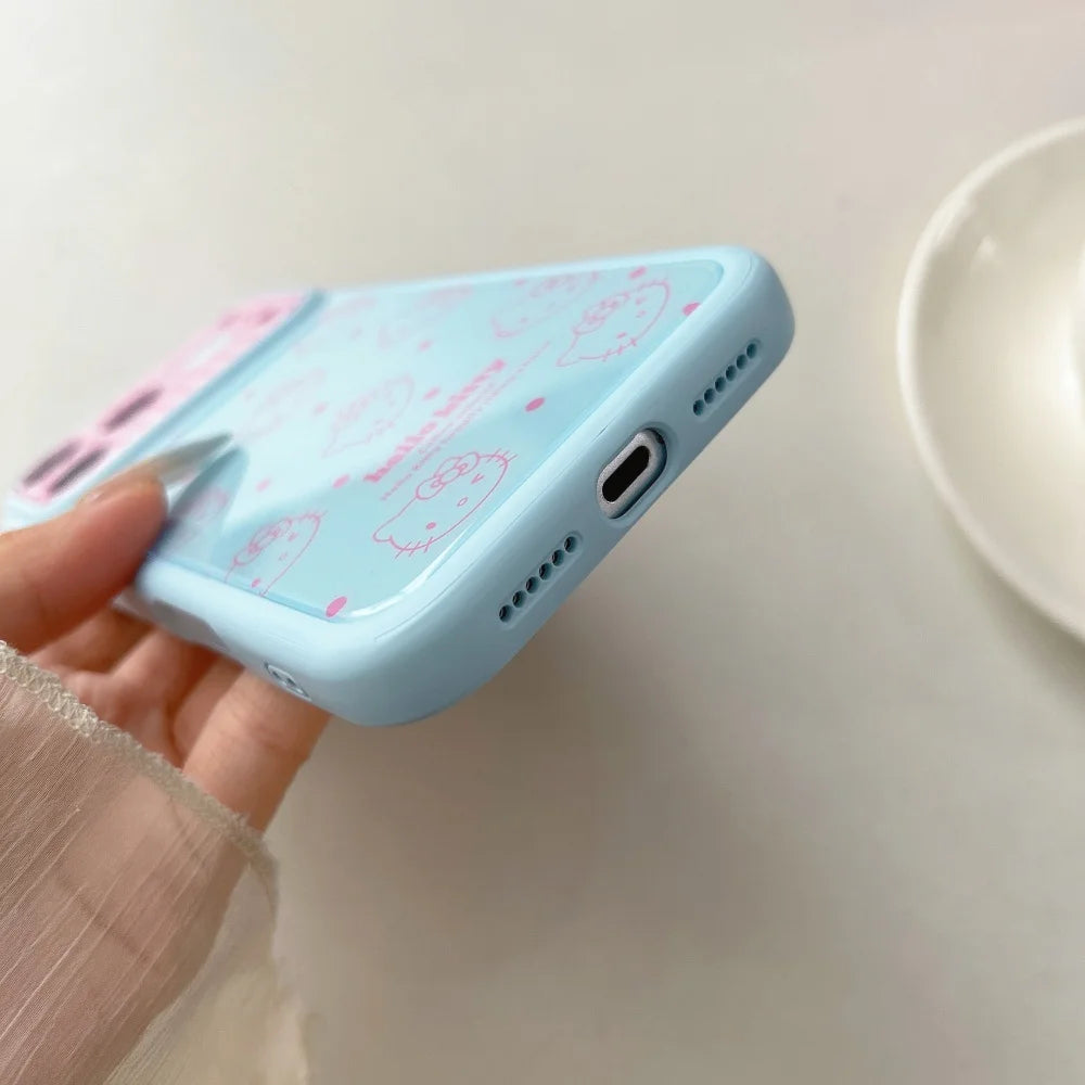 Cute Cartoon Large Window Four Colored Line KT Head Phone Case For iPhone 17 16 15 14 Pro Max Shockproof Protective Soft Cover