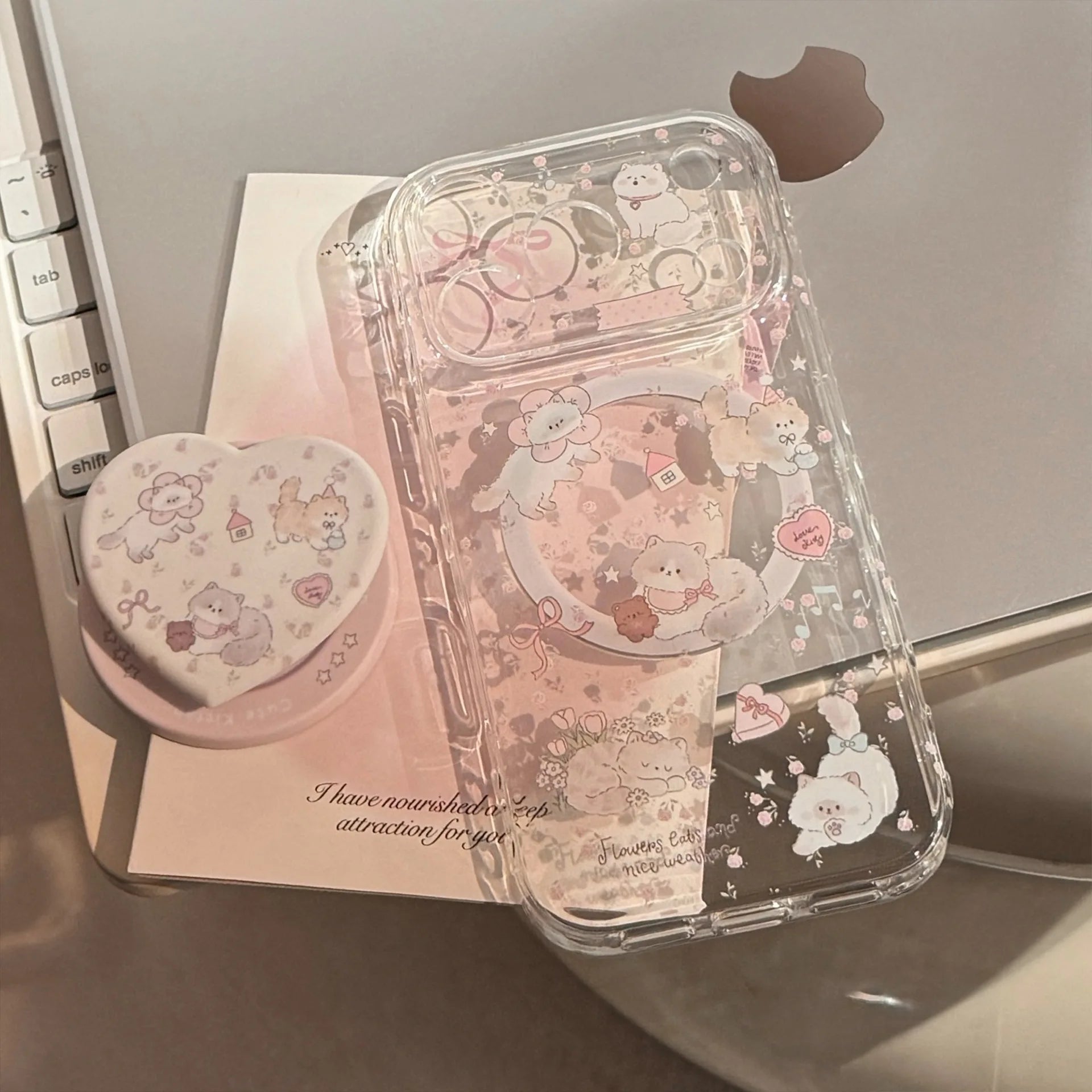 Korean Cartoon Kitten Love Heart Magnetic Bracket Phone Case For iPhone 17 16 15 14 13 12 Pro Max Clear Shockproof Soft Cover