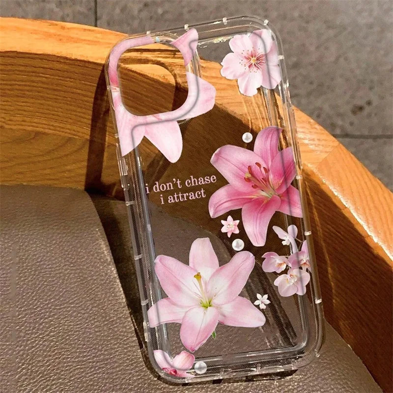 Flower Lily Hibiscue Print Clear Phone Case for Iphone 16 15 14 13 12 11 17 Pro Max Mini 16E 7 8 Plus Vintage Floral Soft 2030