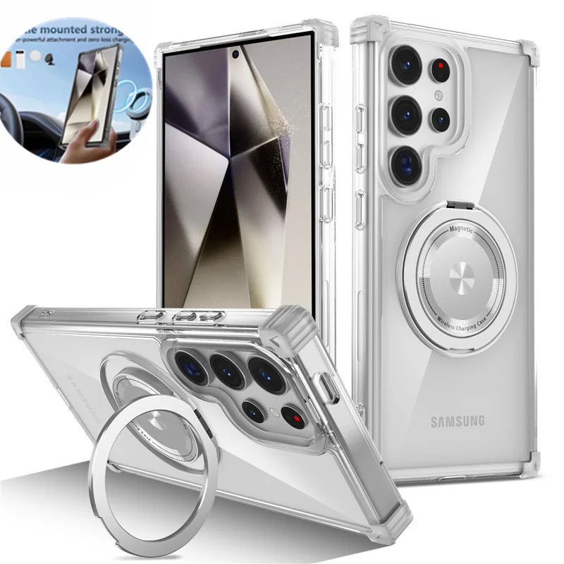 Rotating Magnetic Magsafe Bracket Case For Samsung Galaxy S26 Ultra S26 Plus S26 Ring Stand Holder Transparent Protective Cover