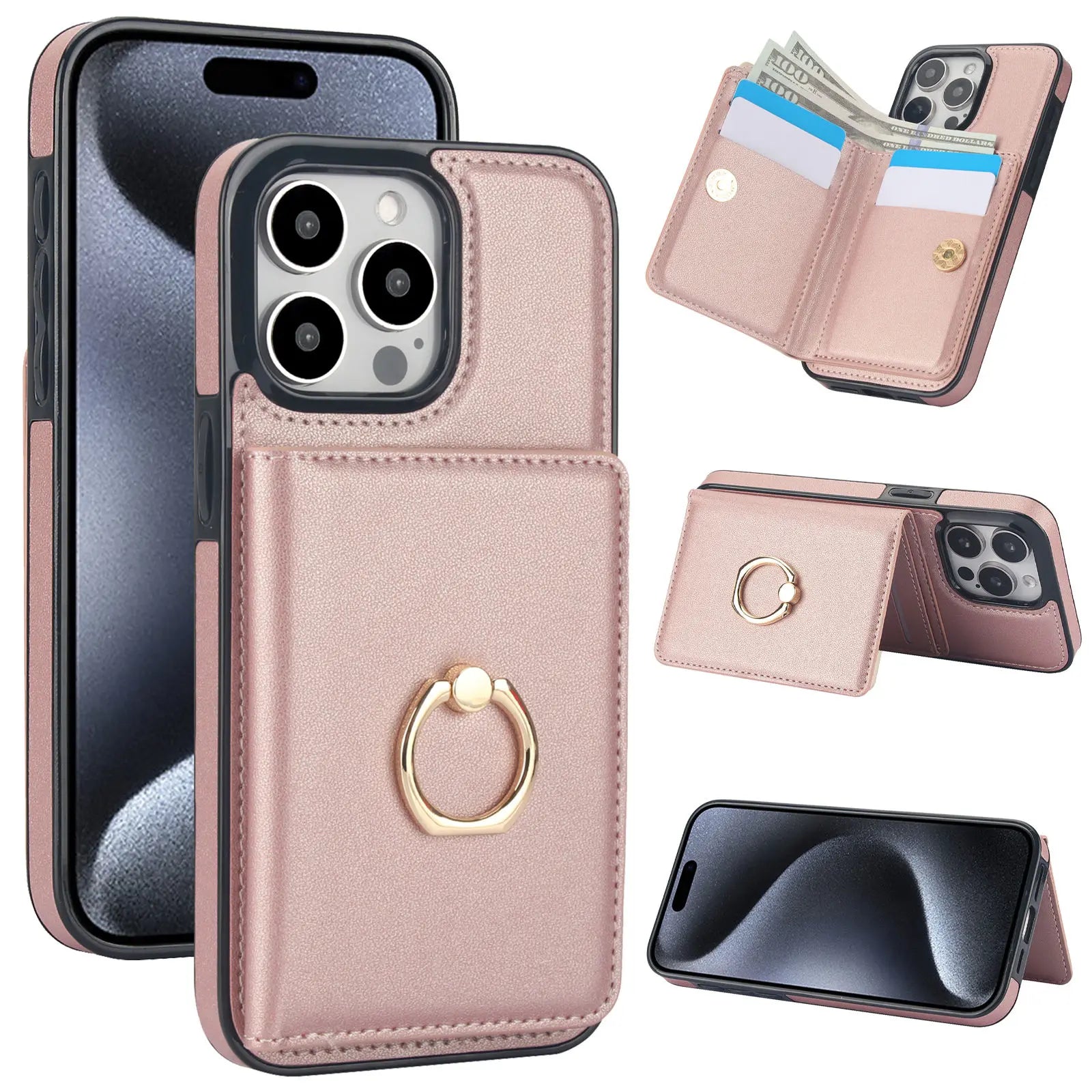 Wallet Case with Card Holder, 360° Rotation Ring Kickstand Magnetic Clasp for iPhone 16 15 14 13 12 11 Pro Max SE 2022 XR XS Max