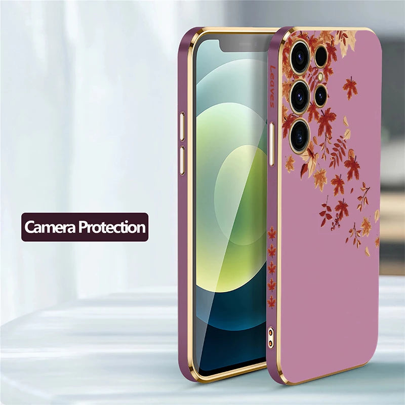 Case For Samsung Galaxy S25 S 25 Ultra S23 FE S24 S 24 5G S22 Plus S21 FE Luxury Silicone Plating Leaves Pattern Cover