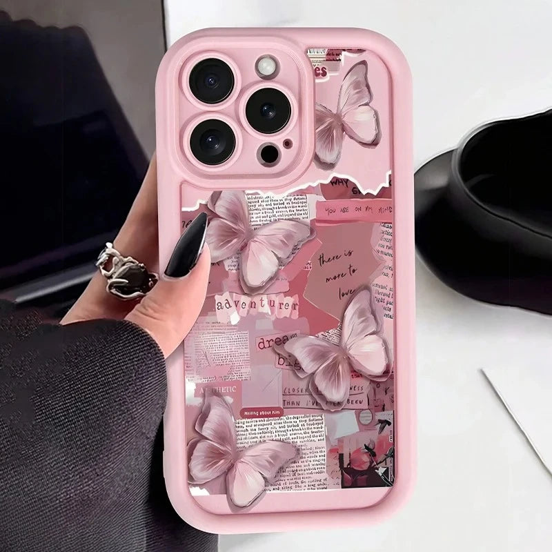 Pink Cute Butterfly Silicone Soft Phone Case For iPhone 17 16PRO 15 14 13 12 11PROMAX Shockproof Candy Cover