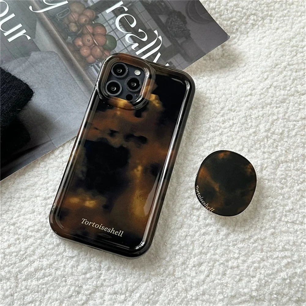 Luxury Amber Tortoiseshell Holder Case For iphone 17 16 Pro 15 14 11 12 13 Pro Max INS Korea Girl Soft Cover Stylish Shell
