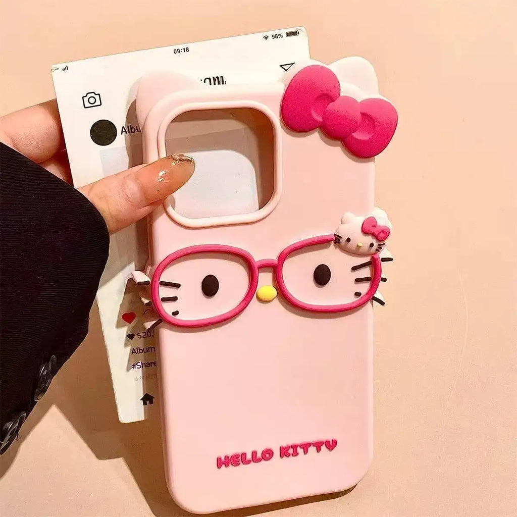 Hello Kitty 3D Glasses Cat Shockproof Silicone Phone Shell for IPhone17 Pro Max 16 15 Plus 14 13 Mini 12 11 4 4S 5 5S 7 8 Series