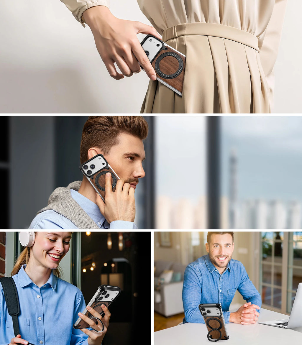 Oatsbasf Solid Wooden Phone Case for iPhone 17 16 Pro/Pro Max with Kickstand 360° Rotatable Magnetic Shockproof Protective Cover
