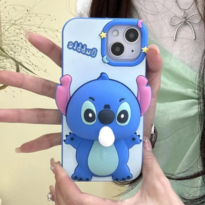 For iPhone 17 16 15 13 14 12 Pro Max Cute Cartoon Stitch Mickey Mouse Lotso Soft Silicone Bubble Blowing Protective Cover