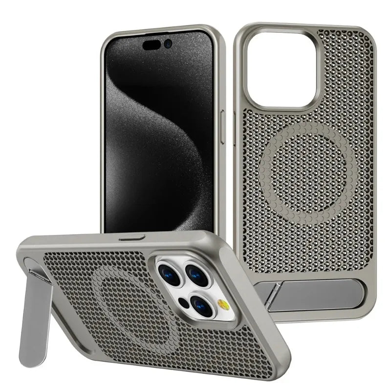 Luxury Cooling Stand Magnetic Phone Case For iPhone 15 14 13 11 12 16 Pro Max Heat Dissipation Plain Color Shockproof Back Cover
