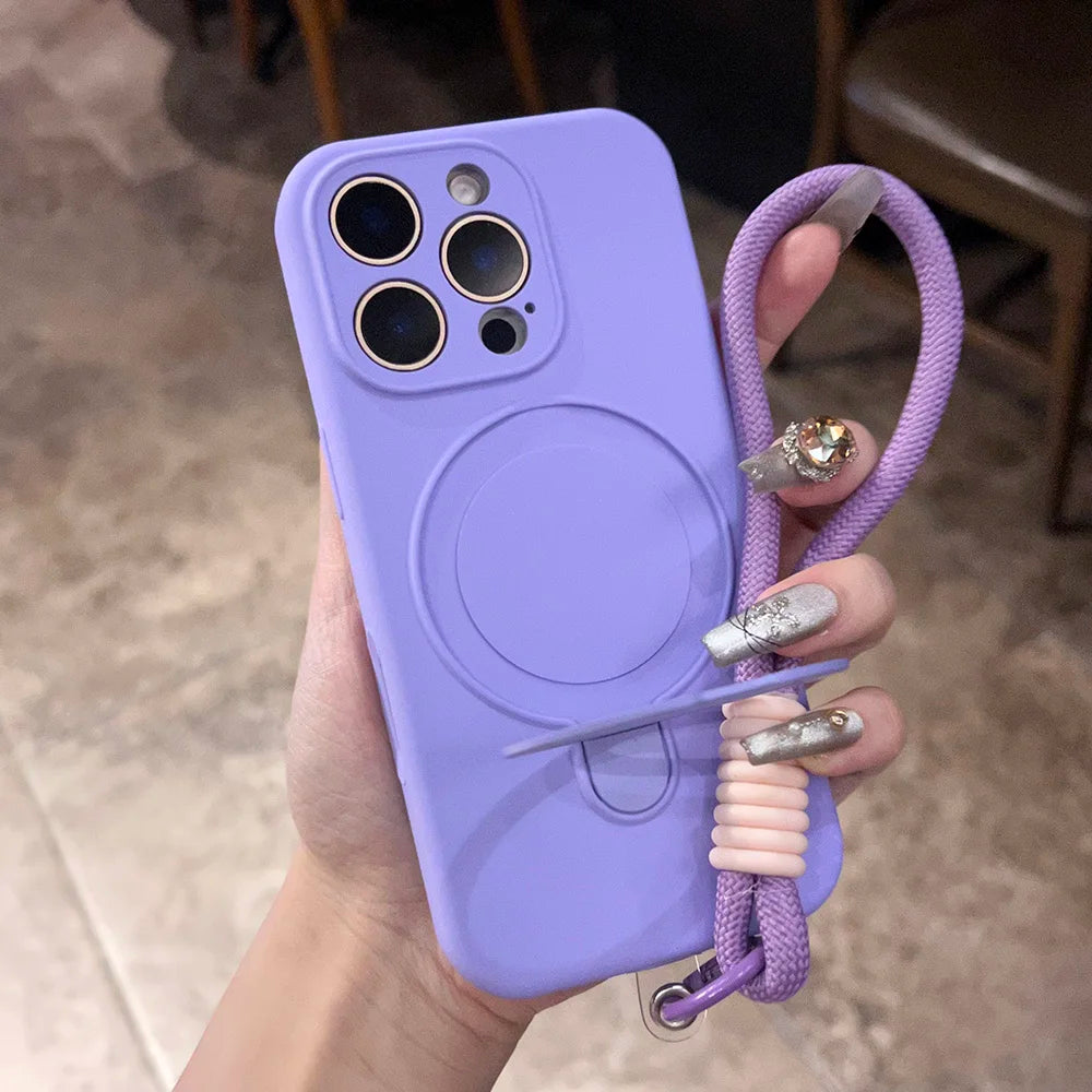 Original Liquid Silicone Soft Case for iPhone 16 15 14 Plus 13 12 11 Pro Max Metal Kickstand Holder For Magsafe Lanyard Cover