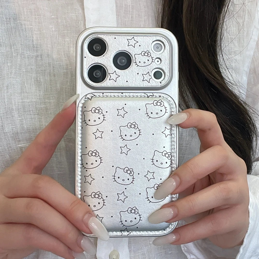 Luxury Cute Silver KT Cat Leather Case Phone Case For iPhone 17 Pro Max 16 Pro 15 14 Pro Max Case Shockproof Protective Cover