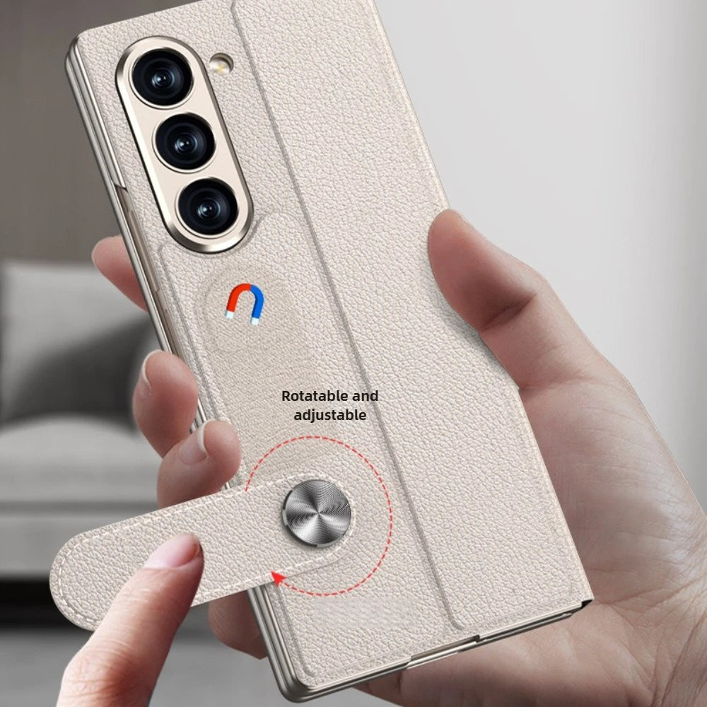 Magnetic Buckle Card Holder Flip Phone Case + Film for Samsung Galaxy Z Fold 7 Zfold 6 Wireless Charging Leather Thin Hard Cover