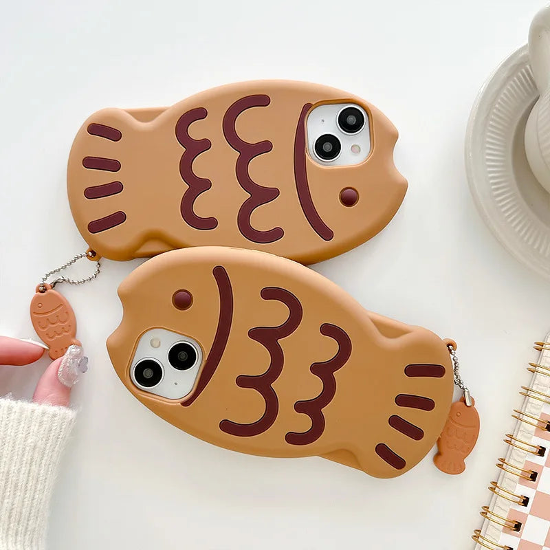 Cute Cartoon Animal 3D Taiyaki Fish Silicone Phone Case For iPhone 17Air 15 14 13 12 16 Pro Max With Pendant Shockproof Cover