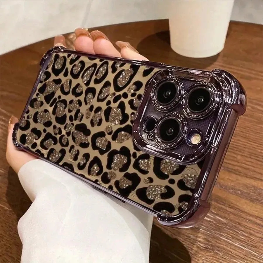 Glitter Leopard Print Plating Phone Case For iPhone 17 16e 16 15 14 13 12 11 Pro Max X XSMax 7 8 Mini Air Plus Anti-Fall Airabag