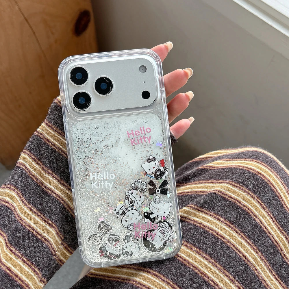 Cute Cartoon Sanrio Hello Kitty Bling Glitter Liquid Quicksand Phone Case For iPhone 17 16 15 14 13 Pro Max Clear Hard Cover