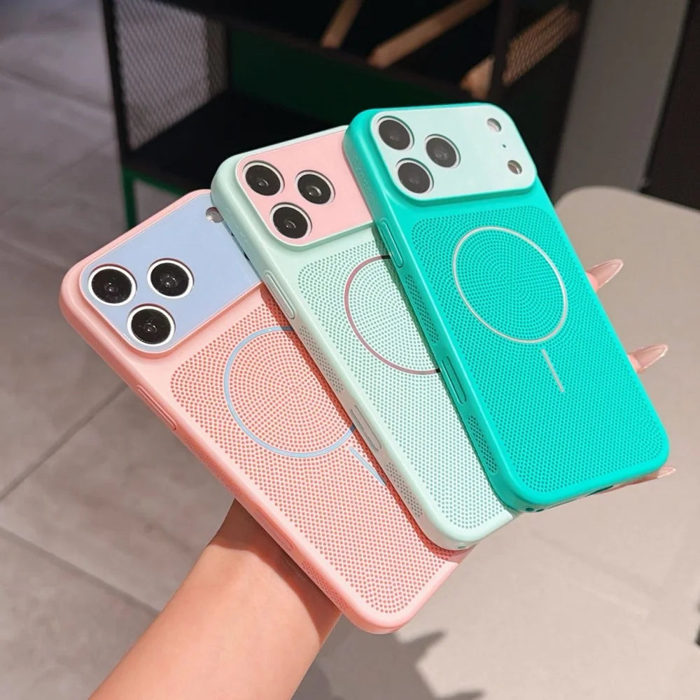 Breathable Mesh Cooling Magnetic For Magsafe Case For iPhone 17 16 14 13 15 Pro Max 17 Air Contrast Colour Lens Protection Cover