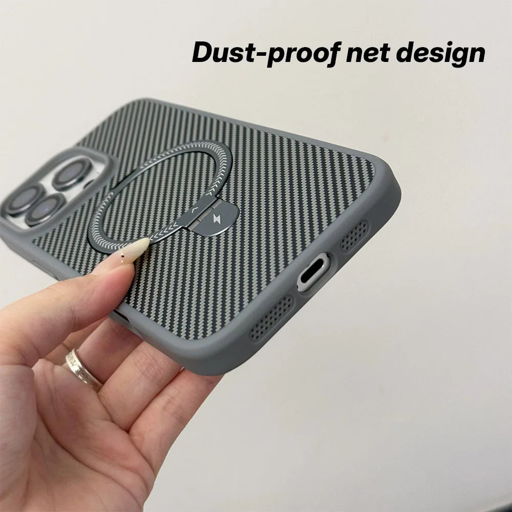Carbon Fiber Texture For Magsafe Magnetic Bracket Phone Case For iPhone 17 11 12 13 14 15 16 Pro Max Glass Lens Protector Cover
