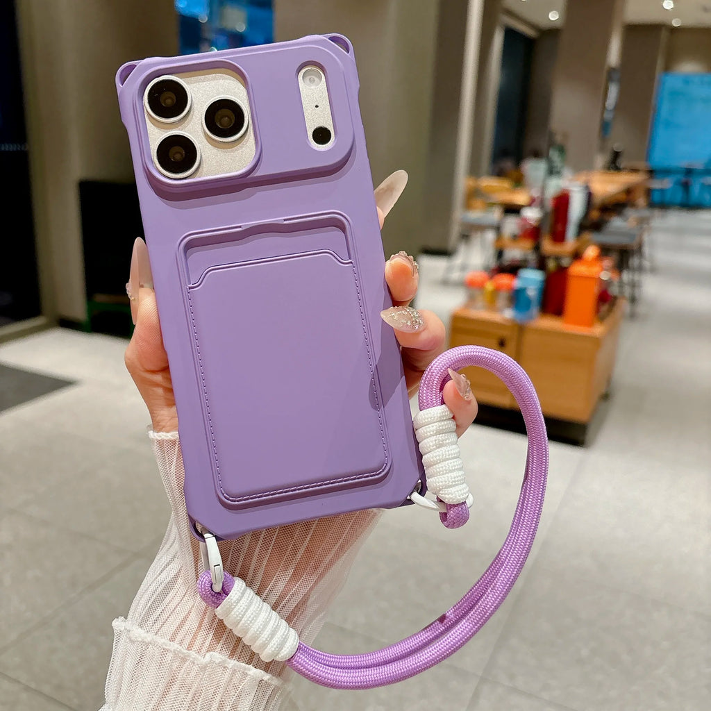 Four Corner Holes Detachable Hand Wrist Lanyard Phone Case For iPhone 17 16 15 14 13 12 11 Pro Max Plus Mini Air Card Slot Cover
