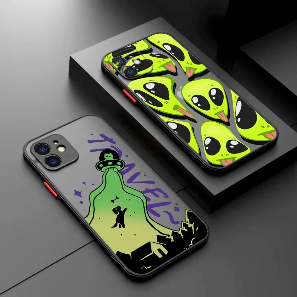 Funny Cartoon Alien Space Phone Case For iPhone 17 16 15 11 12 14 13 Pro Max Mini X XS XR 7 Plus 16E Air Shockproof Matte Cover