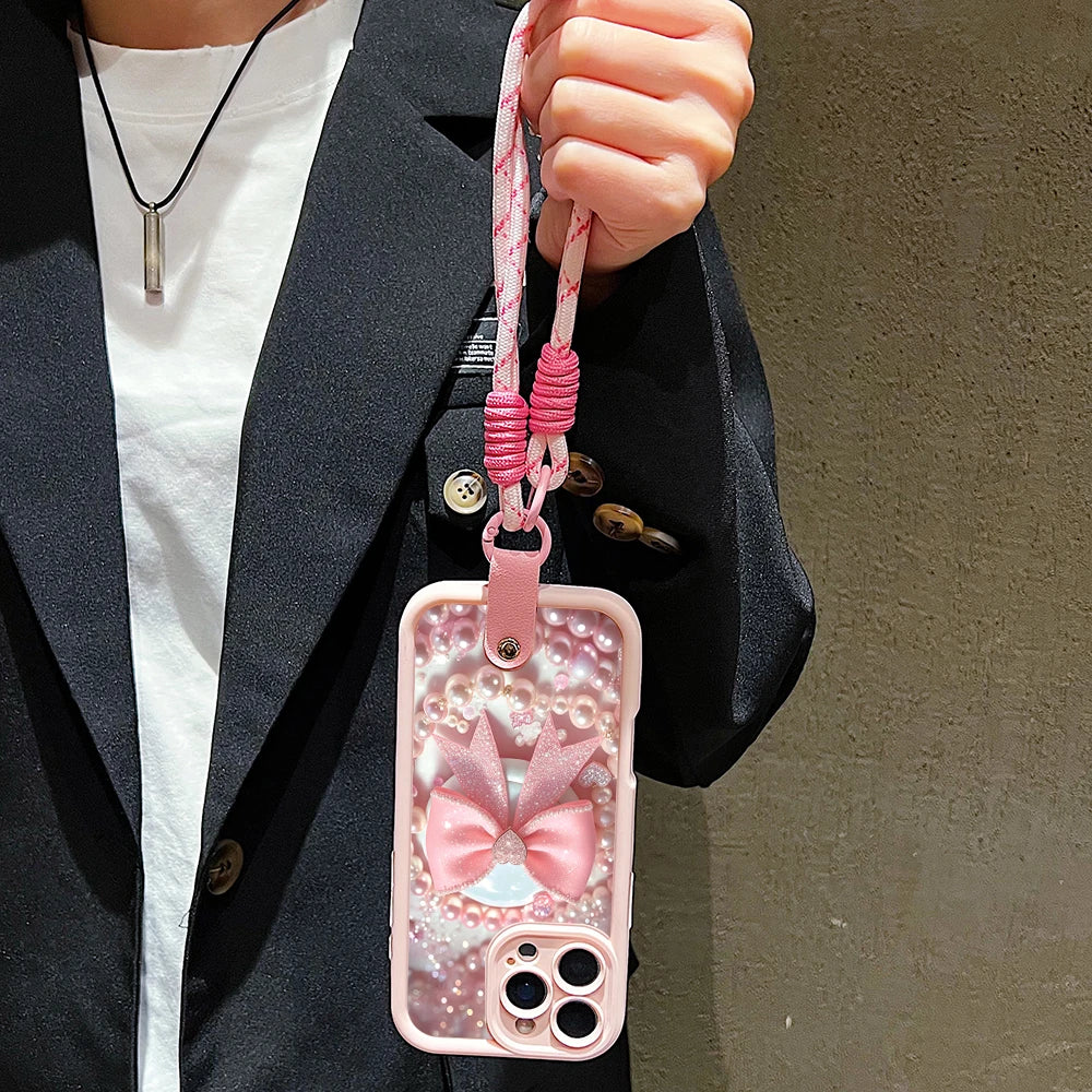 Pink Bow With Pearl Pattern Hand Strap Lanyard Phone Case For iPhone 11 12 13 14 15 16 17 Pro Max Plus 17Air XS X XR 16E Cover