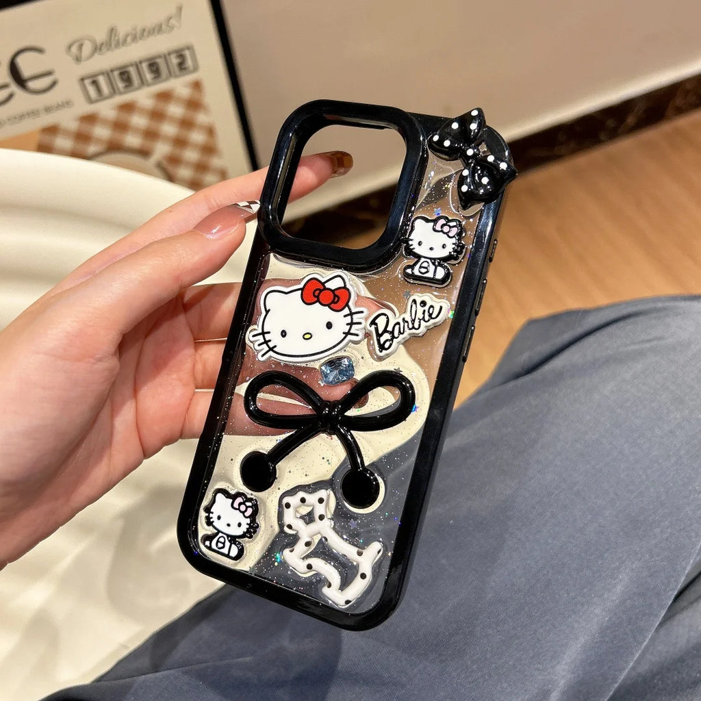 Cute Cartoon Glitter Powder Bow Hello Kitty Cat Phone Case For iphone 17 16 15 14 Pro Max 13 Shockproof Protector Sanrio Cover