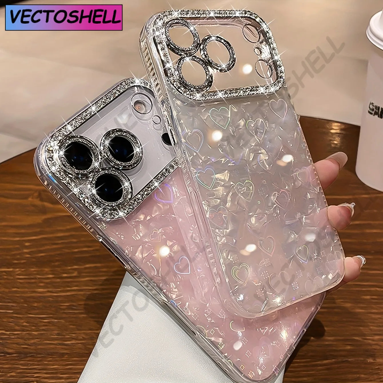Elegant Glitter Crystal Love Laser shell pattern Phone Case For iphone 17 Air 16 15 14 Plus 13 12 Pro Max Soft Lens film Cover