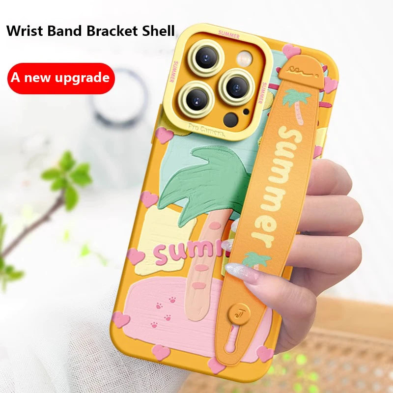 Deluxe Wrist Band Bracket Case Applicable Iphone 1514 13 12 11 ProMax X XR Xs Silicone Cell Phone Protective Cover Coconut Trees