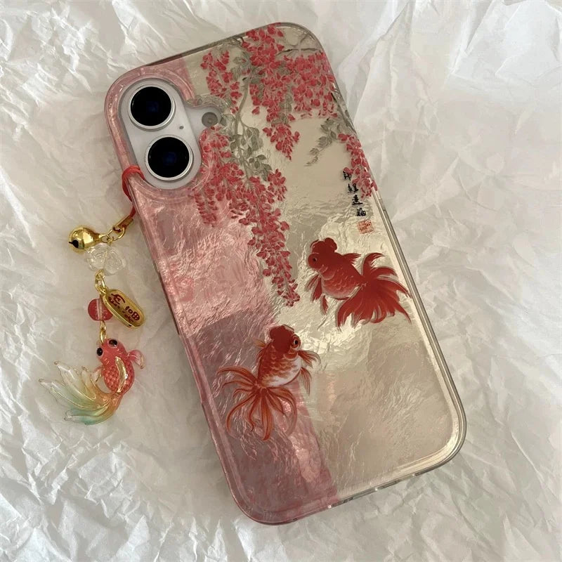 Vortex pattern painted calligraphy flower branch koi phone case with koi pendant for iPhone 11 12 13 14 15 16 17 pro max