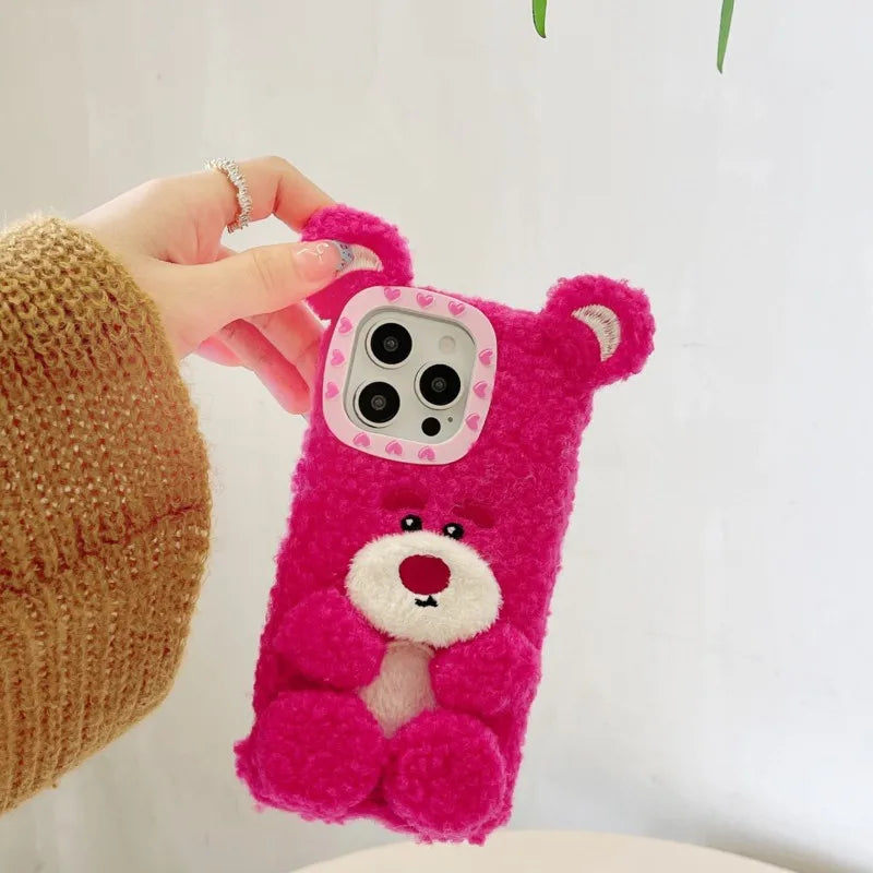 Korea Kawaii Aesthetic Lotso Strawberry Bear Plush Phone Case Fluffy Winter Warm Shockproof Cover for iPhone 16 15 14 13 Pro Max