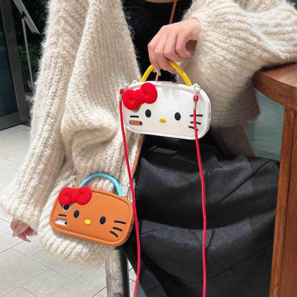 Cute Bowknot Hello Kitty Handheld Phone Case For iPhone 17 16 15 14 13 12 Pro Max Plus Cartoon iPhone 17 Pro Case with Lanyard